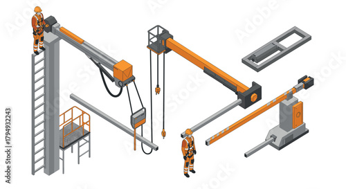 Isometric construction equipment featuring crane and barrier with workers