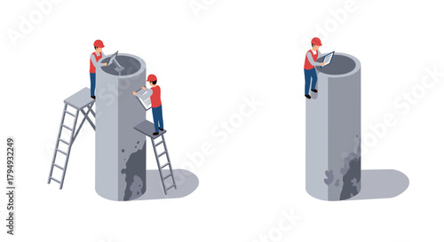 Construction workers inspecting concrete pillars in isometric style