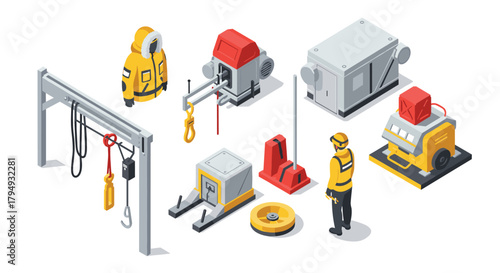 Industrial equipment and worker in isometric style