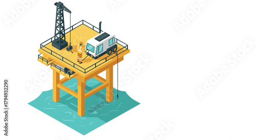 Isometric offshore oil rig with worker and equipment on ocean platform