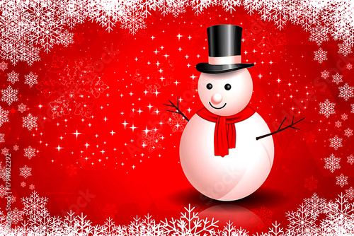 Festive snowman against red backdrop: A charming snowman with a top hat, adorned with a cozy scarf, is set against a vibrant red backdrop adorned with twinkling stars and delicate snowflakes.