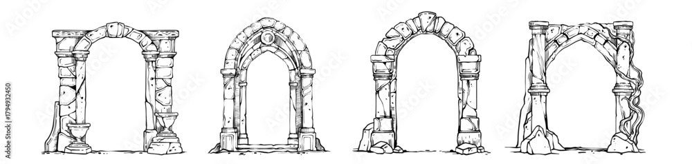 Fototapeta premium Stone arch frame set, hand drawn fantasy portal doorway, ancient medieval gate ruin ink illustration. Architecture facade archway, old rock column entrance exterior. Engraved stone castle arch clipart