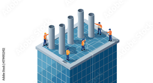 Construction workers on building rooftop undergoing renovation in isometric design