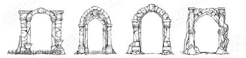 Stone arch frame set, hand drawn fantasy portal doorway, ancient medieval gate ruin ink illustration. Architecture facade archway, old rock column entrance exterior. Engraved stone castle arch clipart