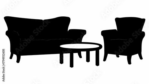 Silhouette of a loveseat armchair and round table showcasing living room furniture arrangement in black