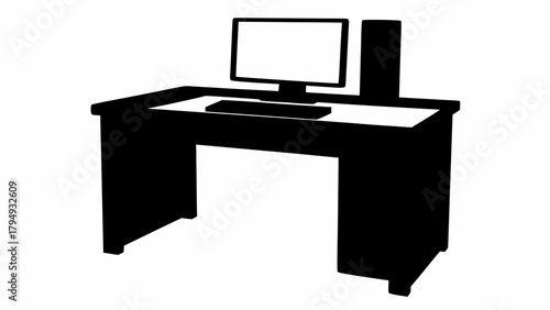 Illustration of a black computer setup with a monitor, keyboard, and tower on a desk, all in silhouette
