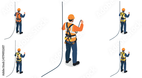 Construction worker safety harness installation in isometric style