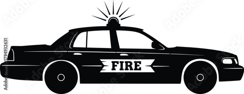 Black silhouette of a fire department car with flashing light, fire truck, emergency vehicle, car, vehicle, transportation, service, rescue, safety, emergency, alert, siren, light, flashing, red light