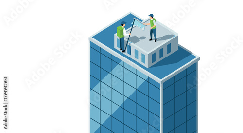 Highrise window cleaners on rooftop in isometric urban setting