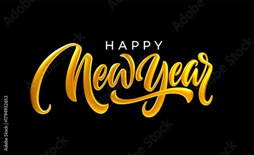 Golden New Year's Greeting: A radiant, gold-lettered Happy New Year elegantly set against a deep, ebony canvas, encapsulating the spirit of new beginnings and joyous celebration.