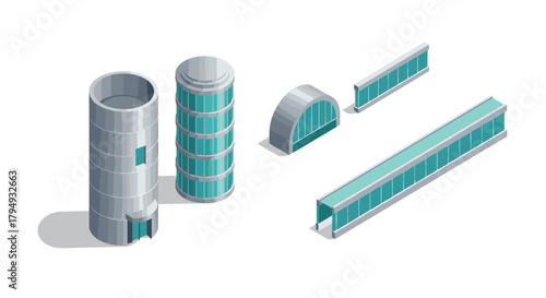 Isometric glass and concrete architecture elements set with modern buildings