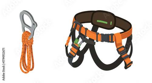 Climbing gear essentials safety harness and carabiner equipment in flat design