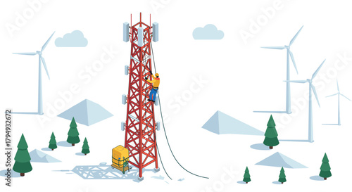 Technician on red communication tower in winter landscape with wind turbines