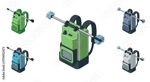 Isometric backpack sprayer set with brush in various colors on white background