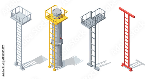 Isometric industrial tower and ladder set with metal structures and shadows