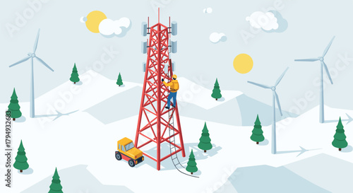 Technician climbing telecommunications tower in snowy landscape with wind turbines