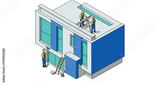 Construction workers renovating modern building in isometric style with blue accents