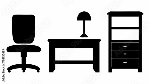 Silhouette illustration of a desk with a lamp chair and bookcase against a white background scene home decor