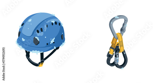 Winter climbing gear snowcovered helmet and carabiner for extreme adventures