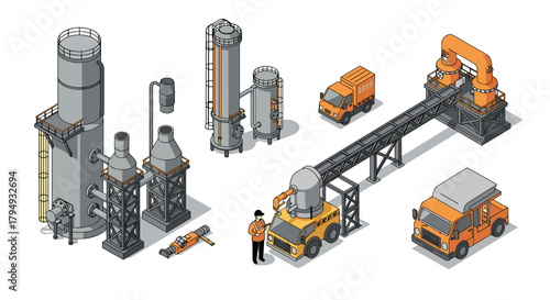 Isometric industrial manufacturing scene with factory equipment and vehicles