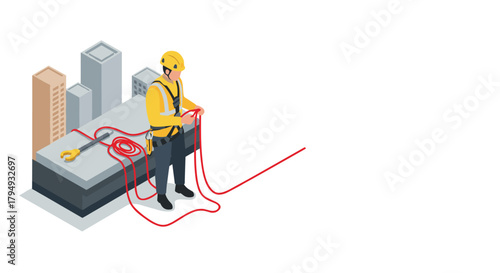 Construction safety worker organizing rope on rooftop in urban setting