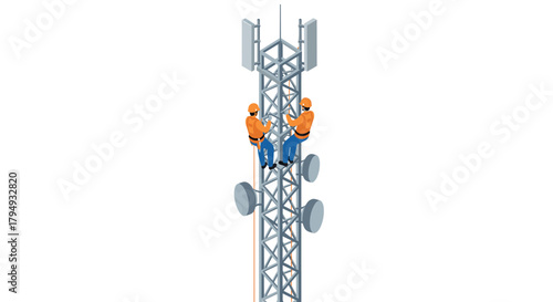 Workers climbing telecommunication tower for maintenance in isometric style