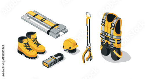 Isometric safety equipment set with helmet, boots, and harness on white background