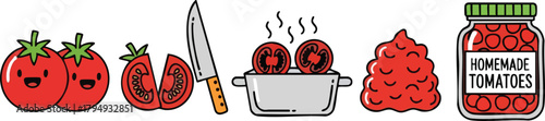 Pixel Art Tomatoes Prepared For Cooking Including Jar And Pot On White Background