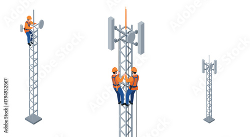 Isometric telecommunications workers installing antennas on communication towers