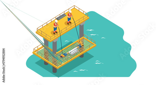 Isometric offshore platform with workers and equipment on ocean background