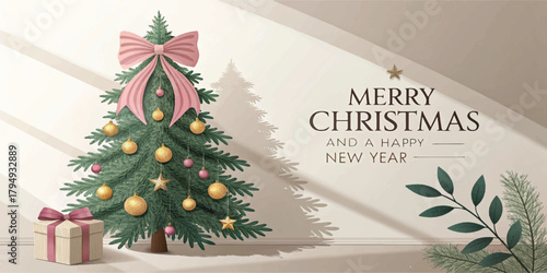 Festive Christmas card illustration featuring a decorated tree with pink ribbon, golden ornaments, gift box, soft shadows, and elegant “Merry Christmas and a Happy New Year” text on a warm background.