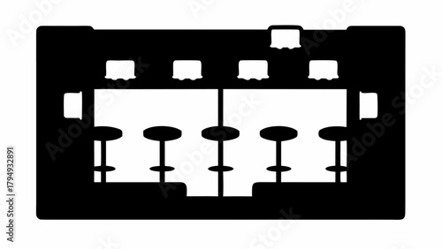 Illustration of a bar counter with stools and overhead lighting in a simple black and white design style silhouette