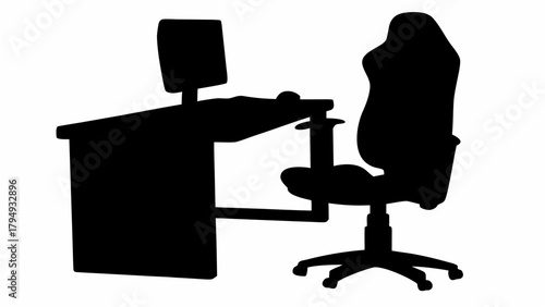 Silhouette of a desk with computer monitor keyboard and mouse next to a gaming chair on white background