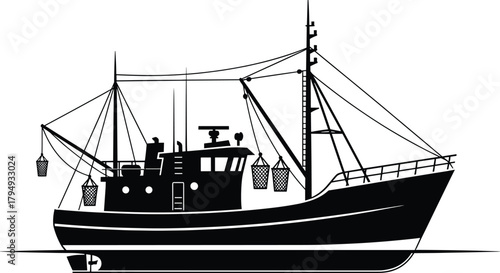 Black silhouette of a fishing trawler boat fishing boat, fishing boat, trawler, boat, vessel, ship, maritime, sea, ocean, water, transportation, industry, commercial, fishing, net, basket, mast, riggi