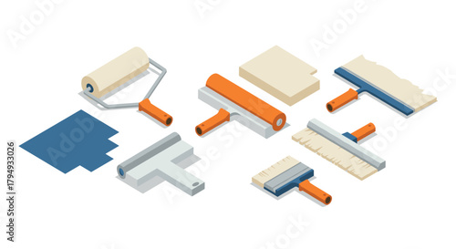 Isometric painting tools collection rollers, scrapers, and brushes in modern design