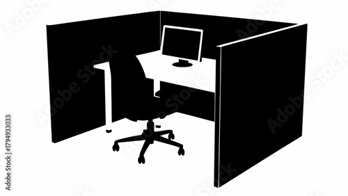 Illustration of a black and white office cubicle with a desk chair and computer screen in a corner space silhouette
