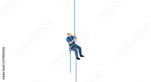 Minimalist worker safely descends rope with harness in focused outdoor adventure scene