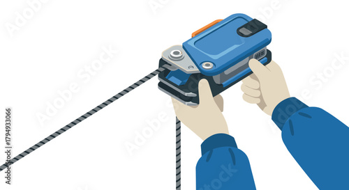 Rock climbing gear in use with figure eight descender in modern flat art style