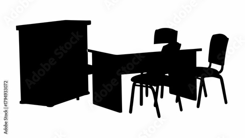 Silhouette of a desk with a cabinet and two chairs creating a stark contrast against a white background