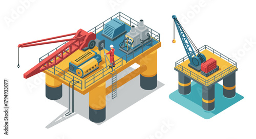 Offshore oil rig platform with equipment and worker in isometric design