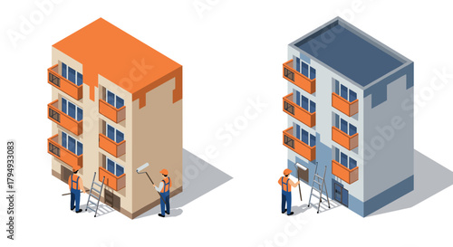 Isometric urban building renovation with construction worker painting facade