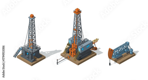 Isometric oil and gas platforms set with rig, derrick, and pumpjack in flat design