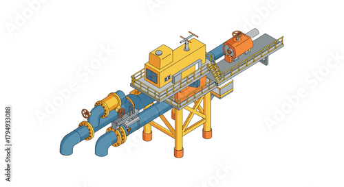 Offshore oil rig platform with industrial pipes in isometric design