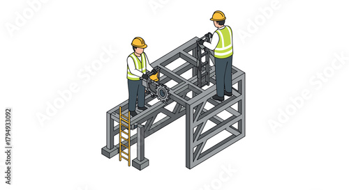 Engineers working on construction framework with safety gear in isometric style