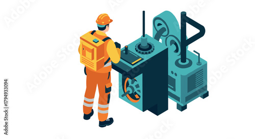 Isometric worker operating industrial machinery in safety gear