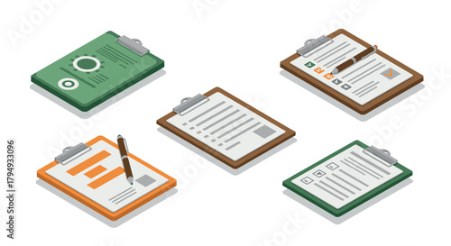 Colorful isometric clipboard set with documents and pens for office design