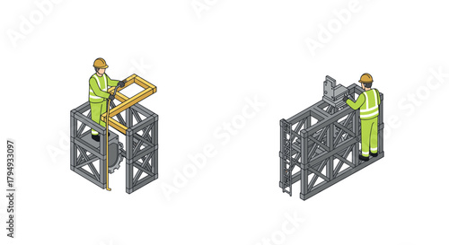 Isometric construction workers assembling scaffolding structures
