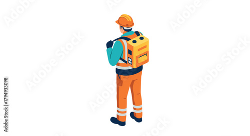 Construction worker with backpack in isometric style on white background