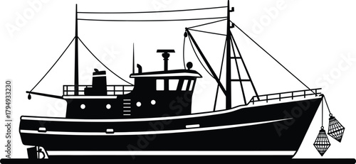 Black silhouette of a fishing trawler boat with nets, fishing boat, trawler, silhouette, black and white, maritime, ocean, sea, vessel, ship, watercraft, boat, nets, fishing gear, industry, transporta