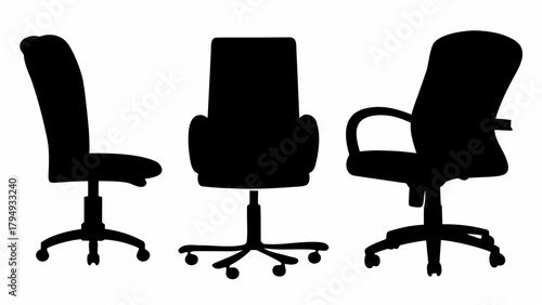 Three black office chair silhouettes showcasing different angles and designs on a white isolated background